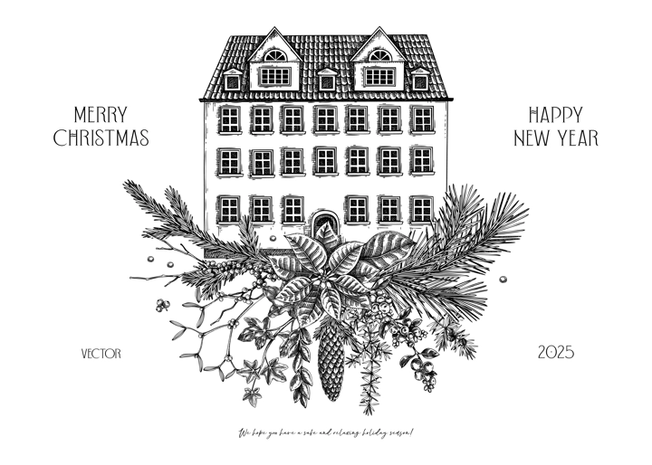 Christmas greeting card template. Architecture sketch. Vintage house drawing. Winter holiday decoration. Floral art. Hand-drawn vector illustration. NOT AI generated